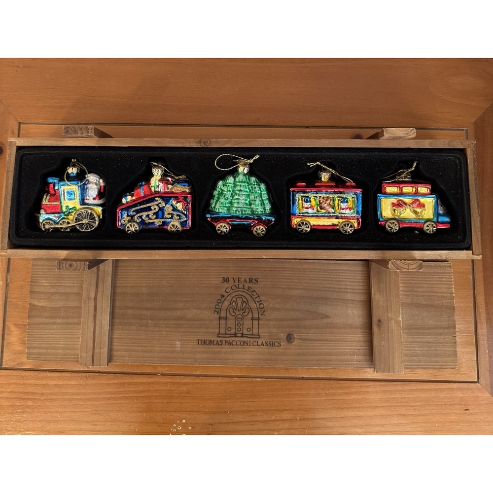 Vtg Thomas Pacconi Blown Glass Christmas Train Ornament 5 Piece Set  Wooden Box